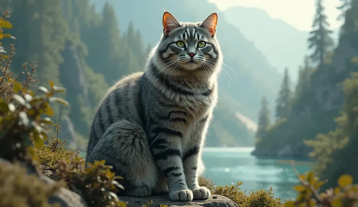 Generate ultra-high-definition images of a giant tabby cat with luxurious fur in various shades of grey, posed majestically in a fantastical landscape. Utilize advanced macro photography techniques to highlight the intricate details of the cat's sleek coat...