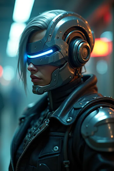 Agent Oracle, robot, highest quality ,A dark cyberpunk world、1 male ( dark cyberpunk world,  male Robot, Silver robot face, blue outline on sharp facial structure, human like, Gas canisters, metallic hair , cyberpunk puerto rico, high quality, Silver moon ...