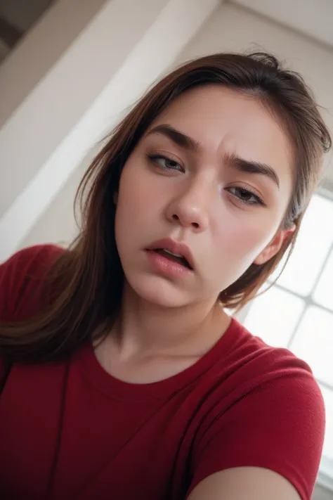 (1 Female:1.5),(Angle of view for the face only 1.5),(Sleepy expression:1.3),(scowl eyebrows :1.1), half-open eyes, half-open mouth, photorealistic , Super high quality, super high resolution