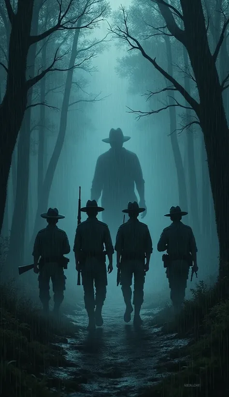 Four forest rangers were walking around carrying hunting guns in the middle of the night in the middle of a rainstorm, with the shadow of a male ghost walking ahead.