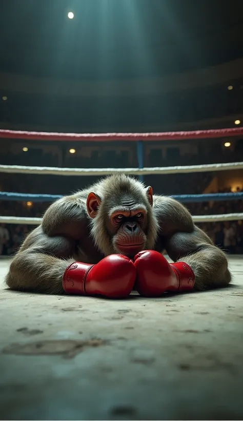 a bodybuilder monkey in a boxing ring with red color boxing gloves lay down in boxing ring 