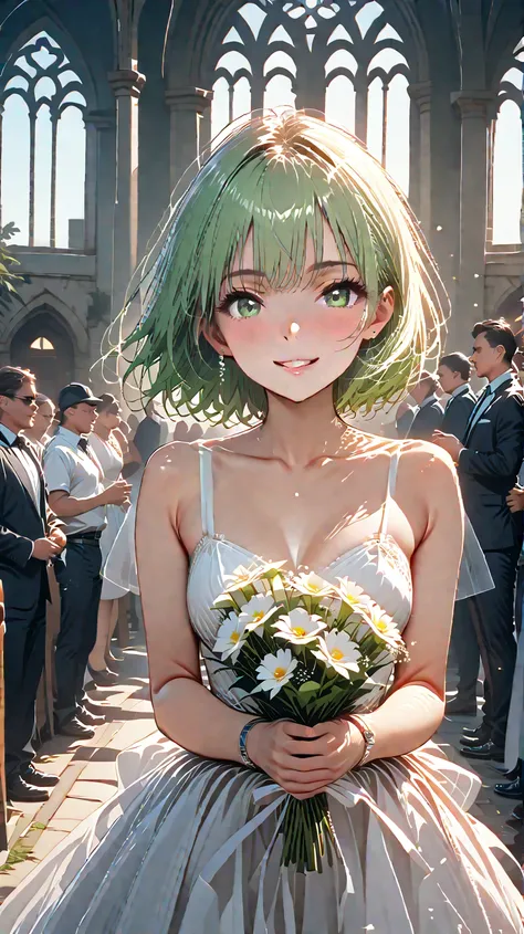   high resolution,  top quality,woman,bride, wedding dress, summer dress, see through,race, perfect body,bouquet, have a white bouquet,Church by the Sea, short hair,Light green hair, gradation ,smile, and watch the viewers,Stare at me from a high angle wit...