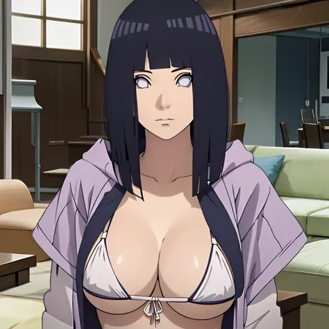 Hinata Uzumaki (NARUTO), 1girl, Long Hair, Hime Cut, Dark Blue Hair, White Eyes, Breasts: 105 cm, Height: 160 cm (5'3), Bikini Armor, Living Room