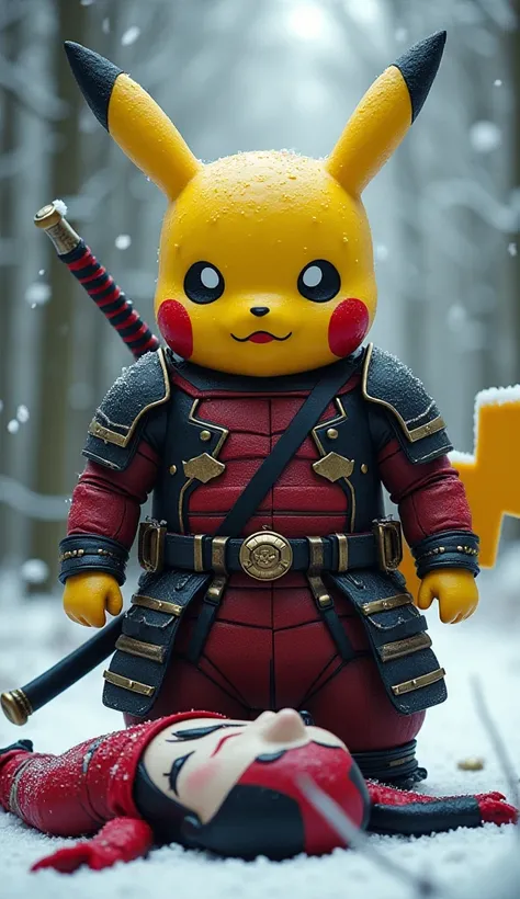 Hyperrealistic, highly detailed, a Pokemon (Pikachu) wearing full Samurai armor with a katana and Deadpool, standing with a satisfied expression. Below him lies herley Quinn, sprawled out with a pained expression. The background is a snowy forest.8k.