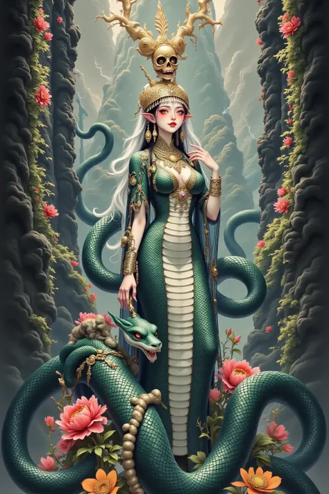 Egyptian Pharaoh，skull crown ，  snakeskin dress  ，  black python，  red eyes。Suspended buildings，tower，peony，lightning