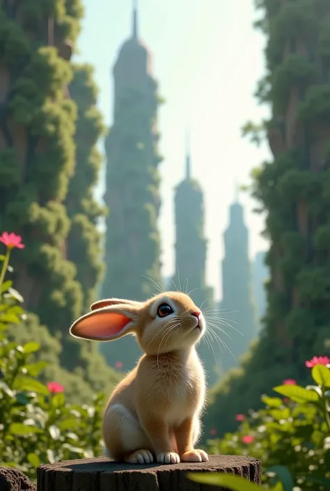 A small bunny, recently rescued, looks up at the heroes with gratitude. The background features towering buildings with jungle-themed architecture, a mix of modern and wild nature.