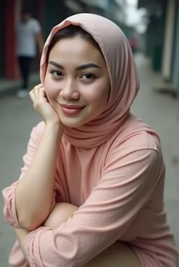 1 malay woman in pastel hijab, (looking at viewer), ((naked)), (Small buttocks), Smaller chest, laughing smile, (hijab flying), pale skin, small breasts, thin waist, china street style street, Hyper-Realism, Cinematic lighting, depth of fields, (high angle...