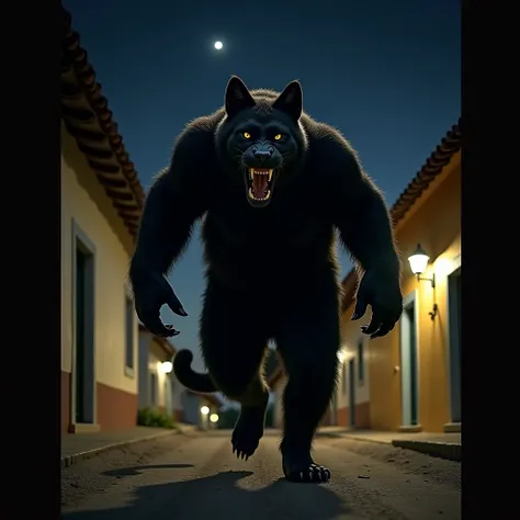 cat man, gigantic, very hairy, Black-colored coat. without tail. Hands have claws.  the skin color is BLACK .  Aggressive features, growling. Corpo now.  He's barefoot and running on all fours, Down a dirt road , with old houses in Portuguese colonial styl...