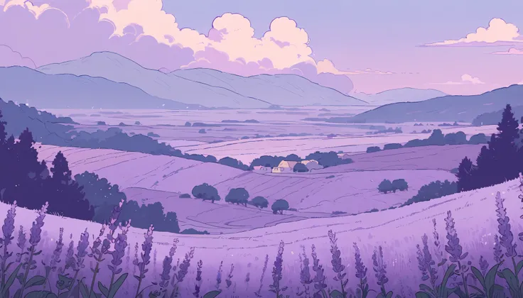 LAVENDER landscape , Pastel Purple Colors ,,Ghibli style ,Lofi ,cute ,Cozy , Landscape Wide Field Ultrawide Purple tone
