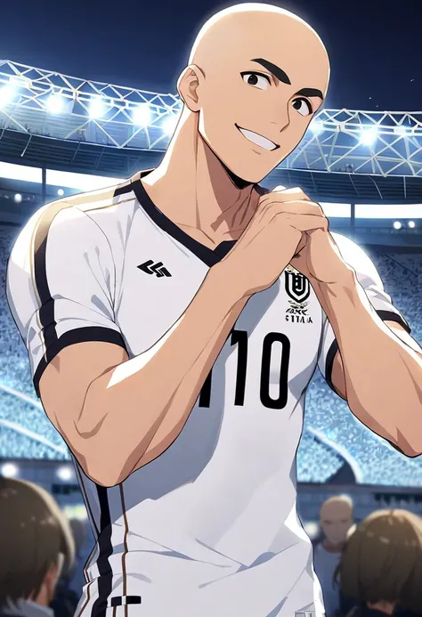 28-year-old male, Japanese, black eyes, 日焼けした肌Blue and white soccer uniform, Number 10, ((shaved head)), No hair, ((Muscular)), (Large), Height 184 cm , round face, big eyes, Thick eyebrows, A cheerful smile, Big stadiums in big cities, full audience, Nigh...