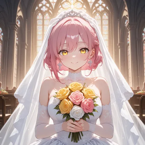 Masterpiece, top quality ,  high resolution,Happy smile, holding a bouquet of flowers , pink hair color,Earrings, white wedding dress , chest,  golden eyes,church, Japanese illustration style