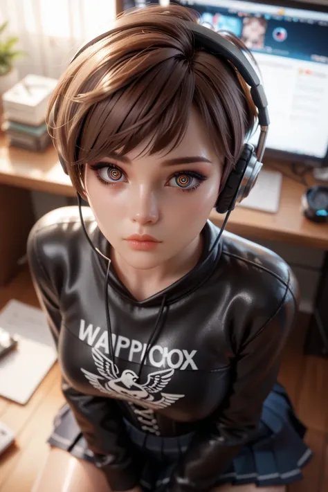  1 girl, Is sitting at the computer looking at the screen in the apartment,  in extremely tight shiny latex sweatshirt, Pixie cut,  brown hair ,  lens reflection ,  reflecting light,  high resolution ,  masterpiece, headphones, Spiral eyes,  very strong sh...