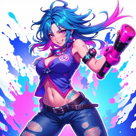 "Джинкс из League of Legends,  standing in a dynamic pose with her famous bazooka 'Roar'. Её волосы ярко-blue и розовые,  disheveled and full of energy .  Punk chic clothes :  blue-purple top ,  pink accents and ripped jeans . Background — an explosion of ...