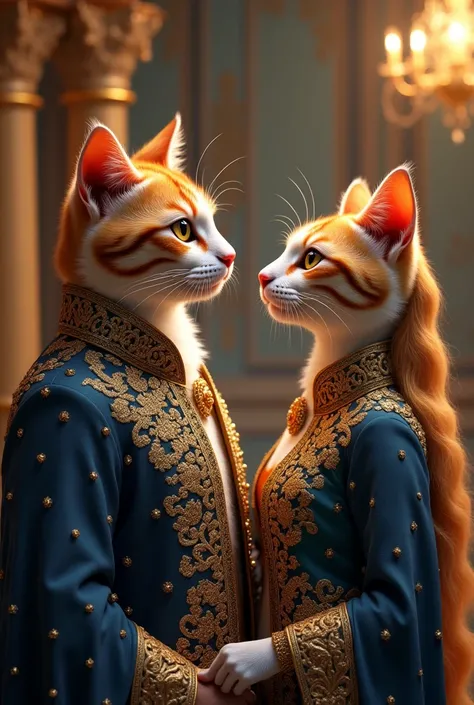 Creat a picture height 3 fit male cat and female cat Pakistani marige dressing neavy blue lehenga luxury style neay pure gold colour face front look with long hair 