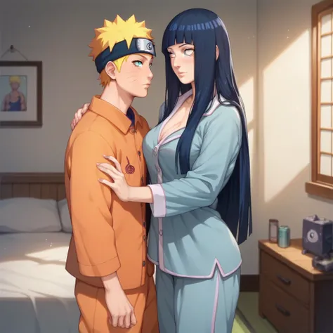 Hinata Uzumaki (NARUTO), 1girl, Long Hair, Hime Cut, Dark Blue Hair, White Eyes, Breasts: 105 cm, Height: 160 cm (5'3), Pajamas, Bedroom 