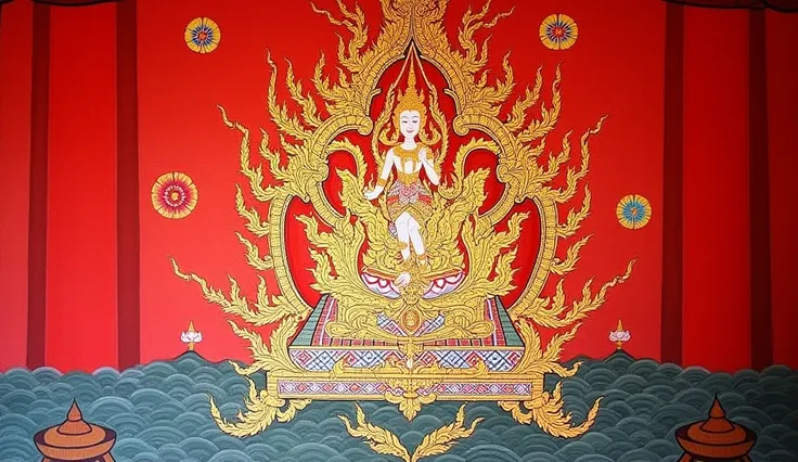 Mural Thai painting. soft tone. a close up of a throne in a room with red walls, temple background, background depicting a temple, throne room, rustic throne room, mysterious temple setting, decadent throne room, exquisitely designed throne room, the templ...