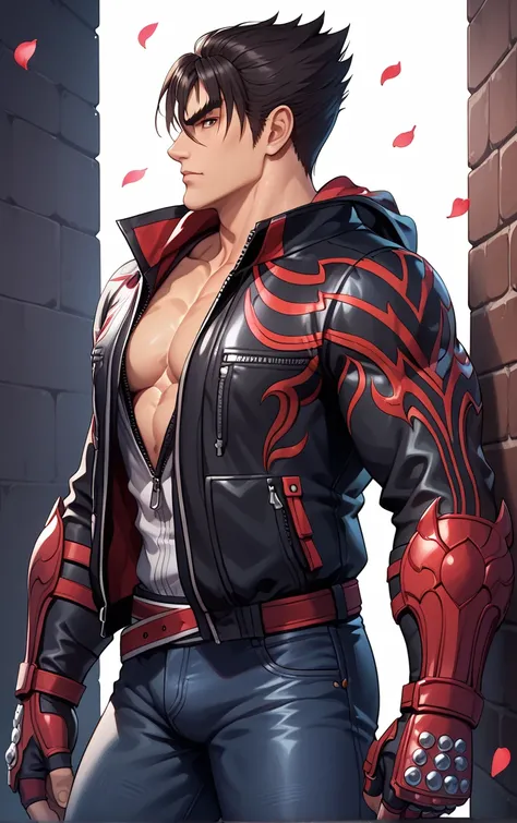 a close up of a man with a shirt on and a jacket on, as a character in tekken, badass anime 8 k, fighting game character, by Yang J, character from king of fighters, handsome greek demon man, g liulian art style, tekken 7, male anime character, tekken,scor...