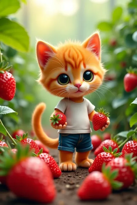 a unique scene, an orange humanoid kitten wearing a white t-shirt and blue shorts, is harvesting strawberries, set against a strawberry garden background,