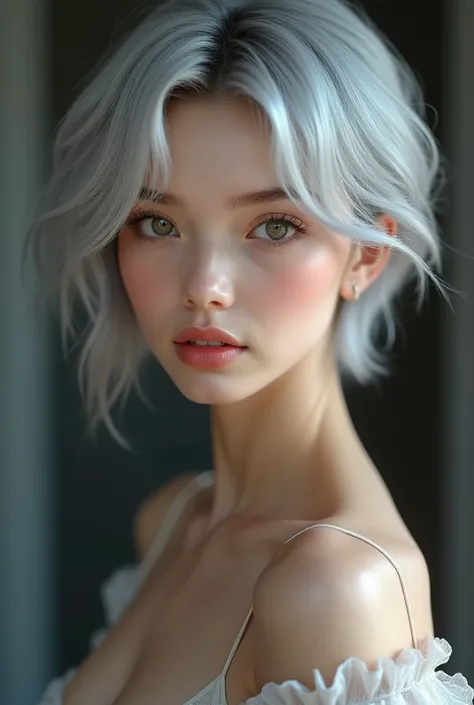 (8K, Photorealistic, Raw photo, of the highest quality: 1.3), (1girl in), Super beautiful, (Realistic face), (boyish, Silver Color Berry Shorthair), Beautiful , Glare that captivates the viewer, Beautiful expression, Beautiful breasts, (Realistic skin), Be...