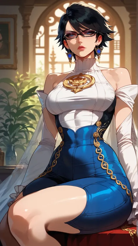 Bayonetta Style,  perfect eyes,  perfectly sexy face , ultra detailed,  ultra perfect eyes,  short hair,  black hair,  big beautiful woman , sitting, dark blue shorts, Body,  looking at the spectator,