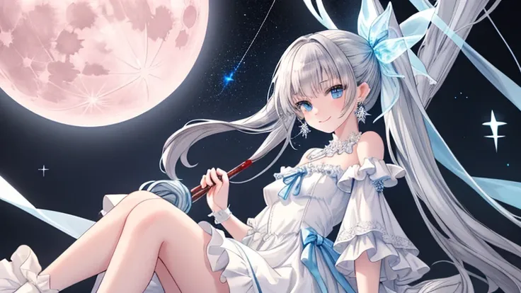  Mid-teen girl who inherits the blood of humans and Snow Women   、 Long silver hair 、 Starry Sky   、 full moon、 moonlight 、summer、 is sitting、Ice crystals、 Ruffle sleeves、 chest frills 、Ruffled capelet style off-shoulder white ruffle dress with shoulder st...