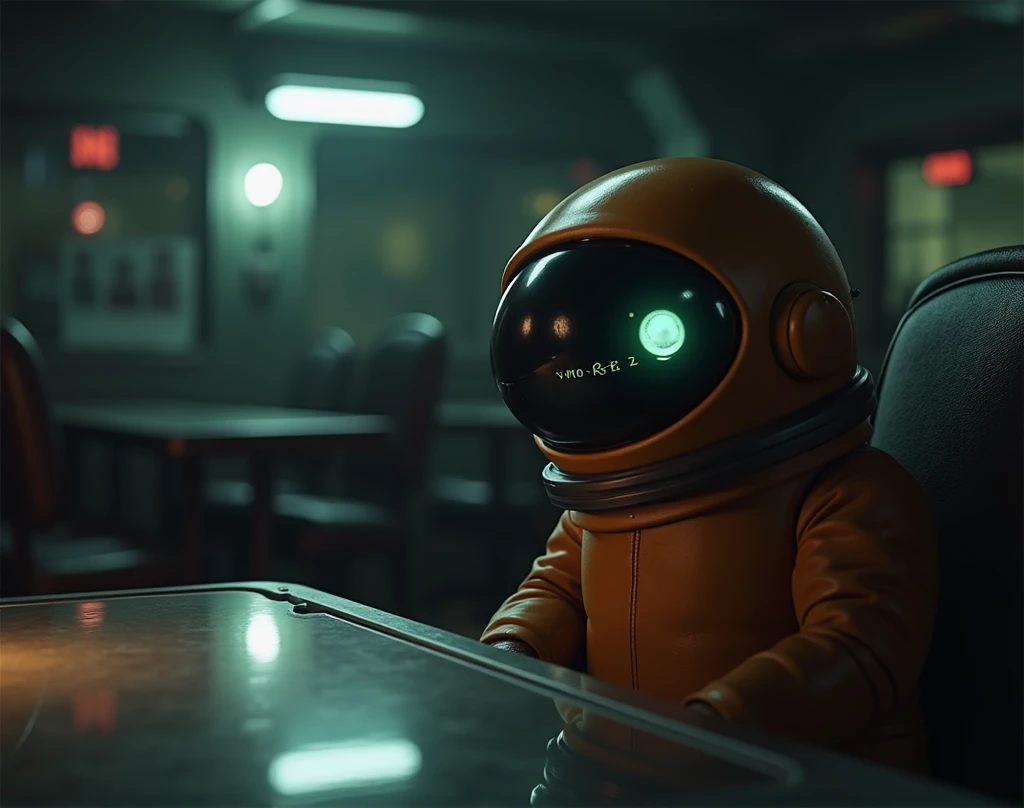 Setting: The cafeteria, now dimly lit. The other crewmates have left, leaving Bronz alone at the table. A faint hum from the ship’s systems fills the quiet space. The reflection on the metallic table surface subtly distorts Bronz’s appearance. The atmosphe...