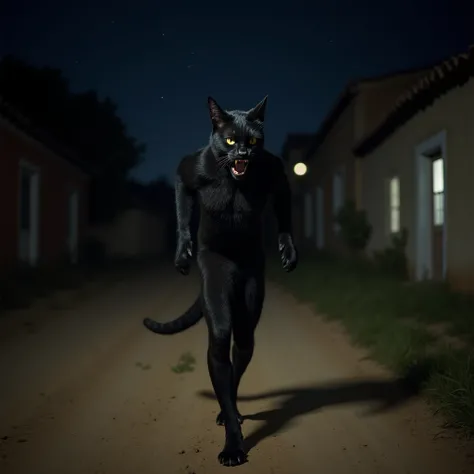 cat man,  thin body, very hairy, Black-colored coat. without tail. Hands have claws.  the skin color is BLACK . Aggressive features, growling. Corpo now.  He's barefoot and running on all fours, Down a dirt road , with old houses in Portuguese colonial sty...