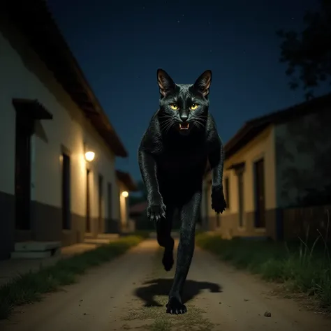 cat man,  thin body, very hairy, Black-colored coat. without tail. Hands have claws.  the skin color is BLACK . Aggressive features, growling. Corpo now.  He's barefoot and running on all fours, Down a dirt road , with old houses in Portuguese colonial sty...