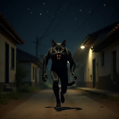 cat man,  thin body, very hairy, Black-colored coat. without tail. Hands have claws.  the skin color is BLACK . Aggressive features, growling. Corpo now.  He's barefoot and running on all fours, Down a dirt road , with old houses in Portuguese colonial sty...