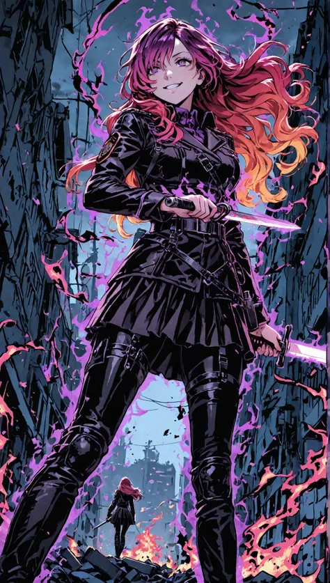 1 girl,  long hair with bangs , color black,Ojos rojos, military uniform with skirt and straps, color black y violeta, smiling maliciously ,holding a runic war knife,In a city destroyed by fire, dark aura,fantasy