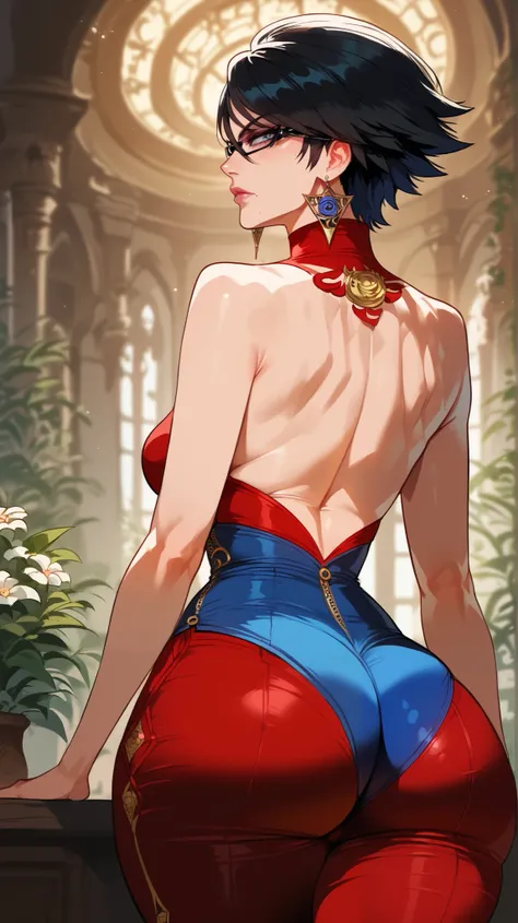 Bayonetta Style,  perfect eyes,  perfectly sexy face , ultra detailed,  ultra perfect eyes,  short hair,  black hair,  big beautiful woman ,  rear view , dark blue shorts, Body,  looking at the spectator,