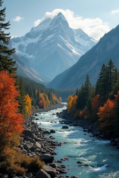 arafed view of a mountain with a river and trees in the foreground, a picture by Gabor Szikszai, unsplash contest winner, hudson river school, mountains river trees, majestic nature scenery, nature scenery, stunning nature in background, autumn mountains, ...