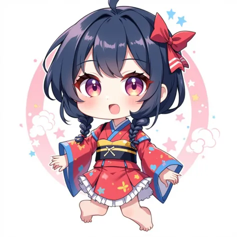 ( chibi:1.4), chibi character, chibi style, toe, (cwhite background:1.4),full body,masterpiece, high quality, 4K, HDR,, A girl with frills,  anime style, Ninja、 with a cheerful smile、 open your mouth wide、 simple background、Japanese style、 red kimono、Small...