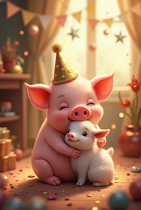 A cuddly cute pig hugs a small goat in a New Year's festive scene.