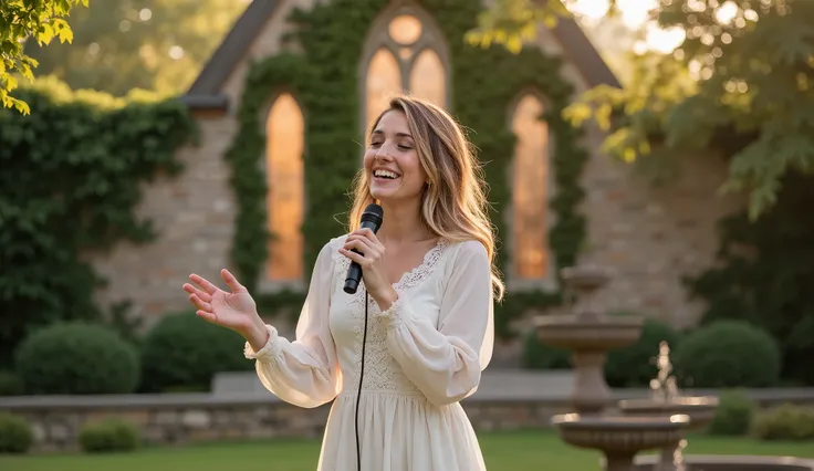 Main Focus:
A female worshiper in her early 30s, dressed in a soft white dress with lace accents, holding a microphone in one hand while singing with emotion.

Pose and Expression:
Standing with one hand outstretched in worship, her other hand holding the ...