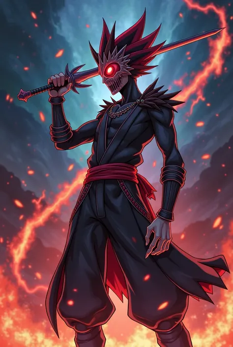 Yu gi oh warrior monster with sword, thin, Utopia, mask ,  black and red , cartoon style, Anime style, Fire,  galaxy background , Pointed hair , Male