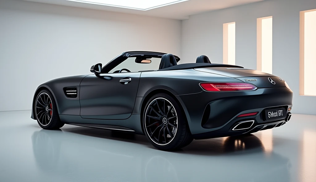 "A close-up, left-side view of a sleek, (Black color 2025 Mercedes AMG GT Coupe & Roadster) displayed in a modern, bright gallery. The image emphasizes the bold side profile, showcasing its smooth, angular body lines, sculpted doors, and large, elegant whe...