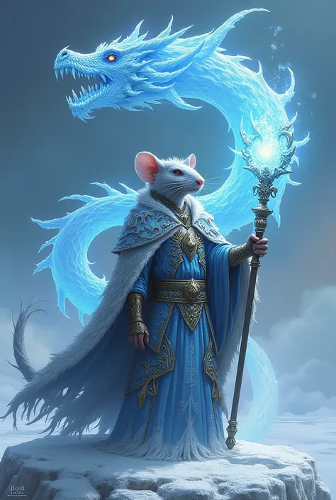 The rat god on the ice island with the scepter in his hand is doing magic to create a fiery ice dragon