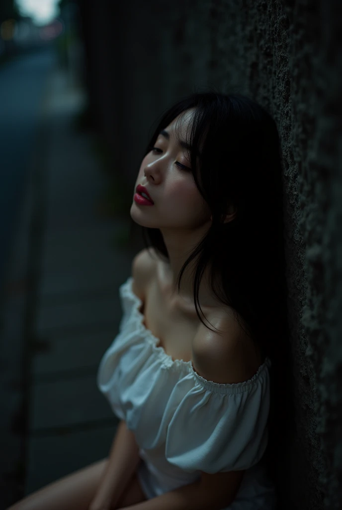   height angle shot of a beautiful and sexy Japanese woman wearing white off-the-shoulder , leaning against a  dark wall in a  dark corner on the side of the road. All around her there was complete  darkness. 薄 dark光だけが彼女を照らしていた,  face up,  white skin,  lo...