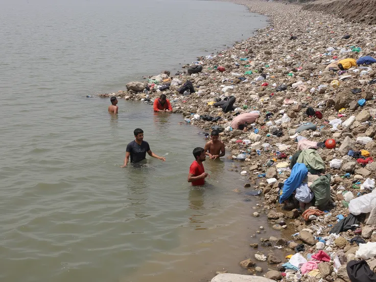 Some people are in an Indian Ganges river that is full of garbage and waste. They appear to be in the middle of piles of plastic, used cloth, and other leftover materials that pollute the water. The environment around the river looks very dirty, with pollu...