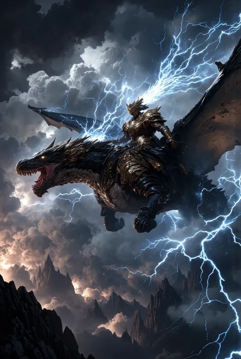 A dragon rider in armor in thunderstorm, riding on a fierce dragon flying through the sky.