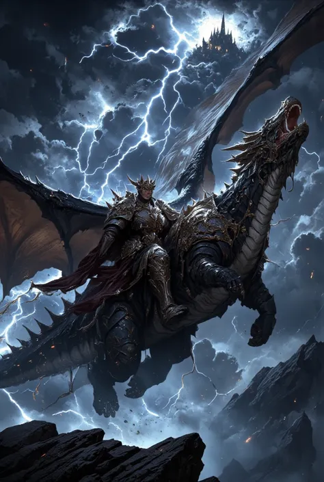 A dragon rider in armor in thunderstorm, riding on a fierce dragon flying through the sky.