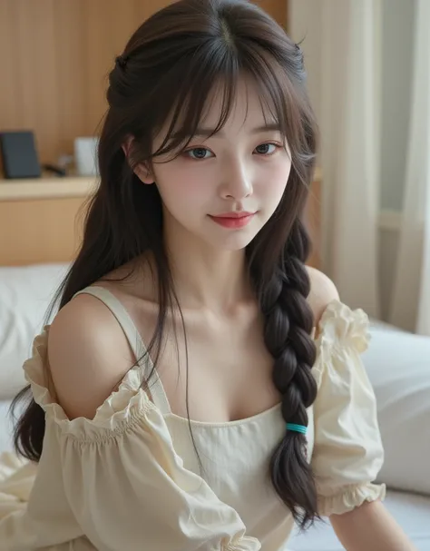 (A super cute Korean female college student is sleeping with a futon on her bed1.2)(Grinning,smile:1.2)( I'm happy:1.1)(16k,  RAW photos ,  top quality, masterpiece: 1.2),(A cute braid of shiny black hair)  Super Detail,  Super Resolution, (Genuine, Genuin...