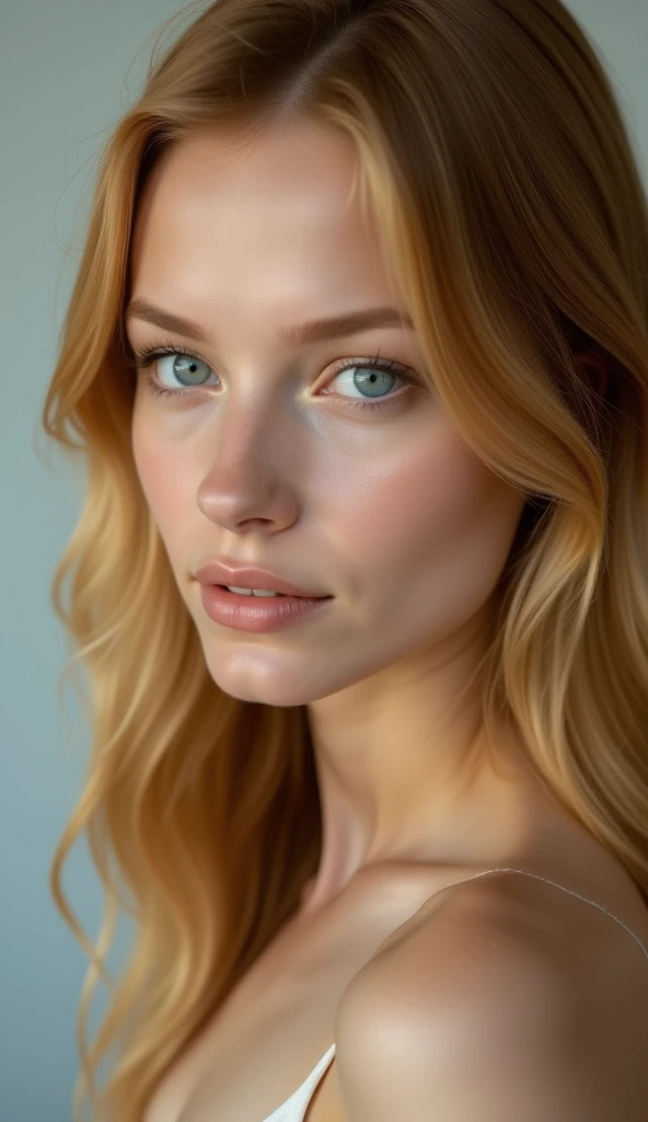 High Resolution, Masterpiece, Accurate, Anatomically Correct, Award Winning, Best Quality, Detail, 8k, HD, High Details, High Quality, Quality, Retina, Super Detailed, Textured Skin, UHD, Photo of a 24-year-old woman with long, wavy blonde hair with ginger...