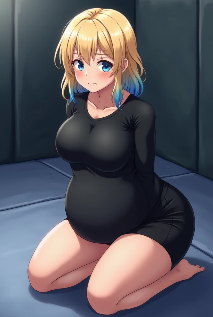 a blonde woman with blue highlights at the ends of her hair and medium wavy hair with bangs,  blue eyes and freckles on the face  ,  fair skin  , wearing black thermal shirt with tight black short shorts, body with medium tits ,  big round and fat belly  ,...