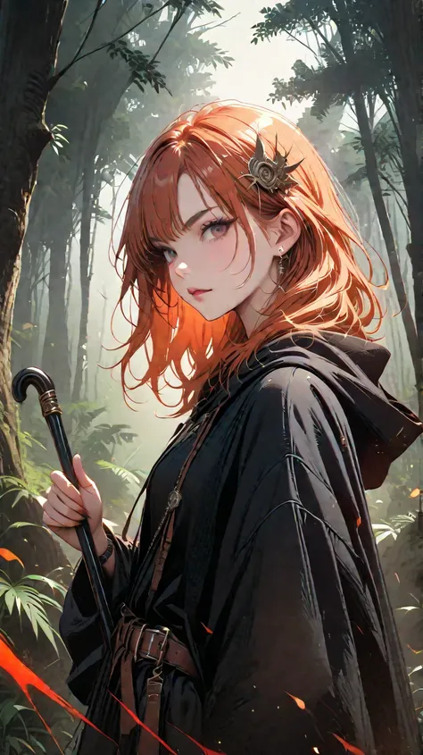   high resolution,  top quality, fantasy, the wizard,Robe,Raise your cane,woman, hair ornament, medium hair,blood orange hair, gradation ,Brave face, and watch the viewers, side view ,forest, Pointing at Viewers 