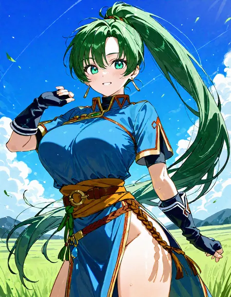 Top Quality Masterpiece High Resolution Lyn Green Hair Green Eyes Ponytail Beautiful Girl Blue Dress Side Slit Short Sleeve Nice Buddy Fingerless Gloves Big Chest Boots Ethnic Nice Buddy Blue Sky Boots Prairie Cowboy Shot