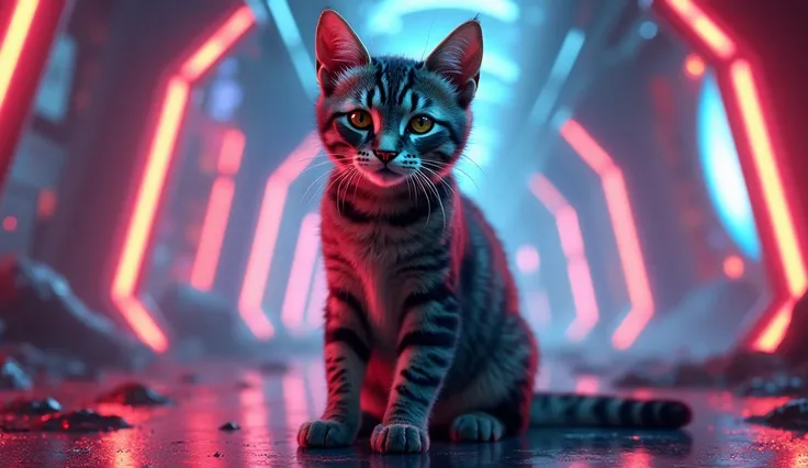 me background is technological and flashy , Let the cat be in the foreground.