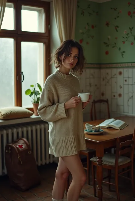 A masterpiece of photographic art , , the best image quality while preserving the graininess of the film , texture of photo paper, full-length photo of a sleepy 30-year-old Russian girl including her legs .  entourage : уютная малогабаритная кухня конца 80...