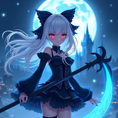 An anime girl with long white hair flutters in the wind,  with bright red eyes that stand out in the cold environment . Her gothic outfit combines black and blue ,  with a tight corset ,  a short skirt with ruffles and long sleeves with sharp edges .  Larg...